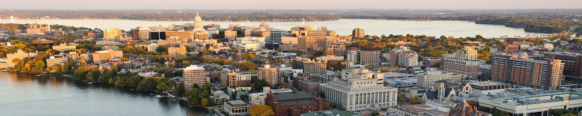 aerial view of the UW–Madison campus and Lake Monona