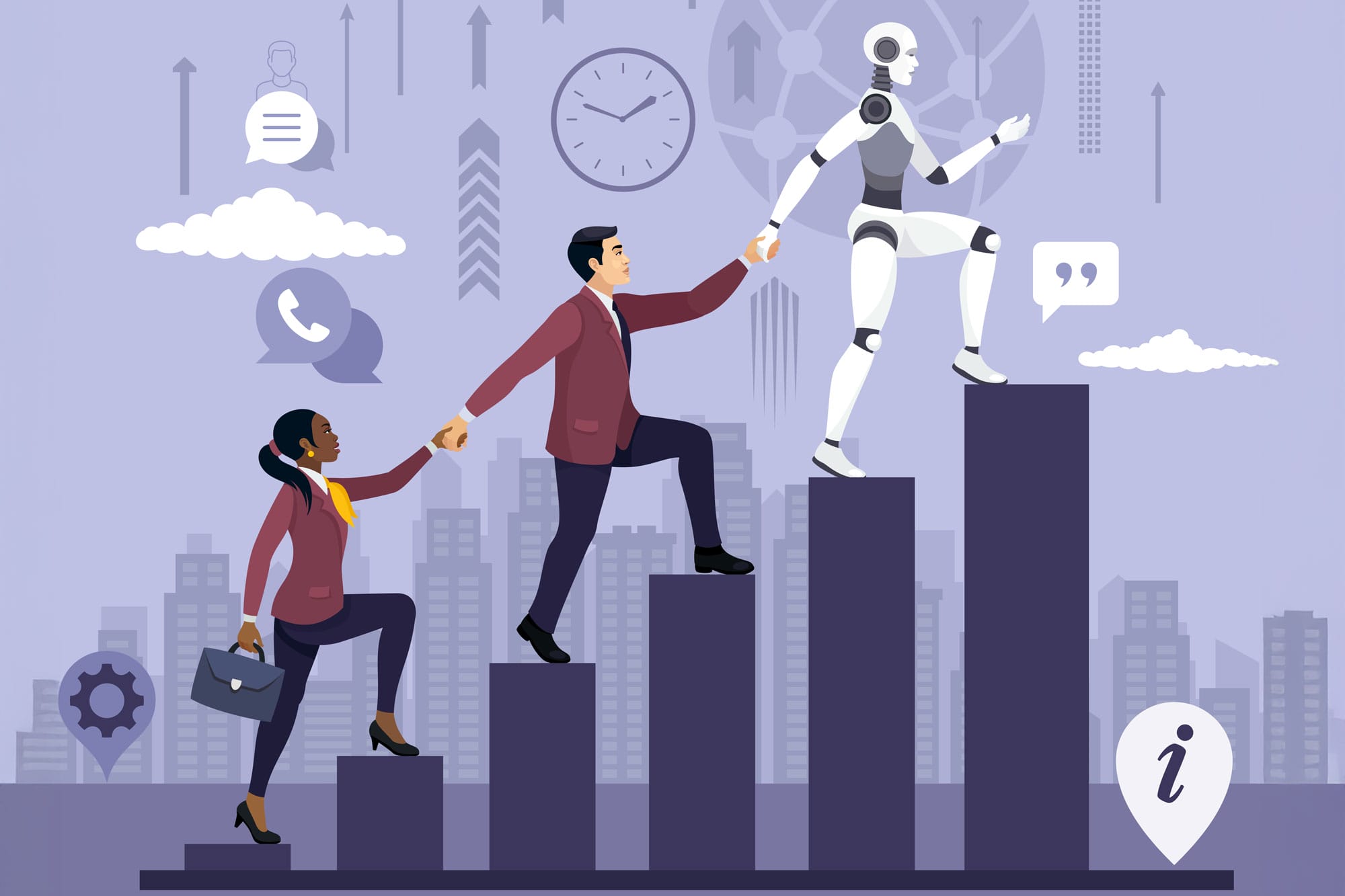 Graphic of a robot leading two humans up columns