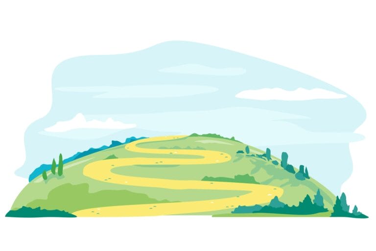 A graphic of a green pathway and clear blue sky