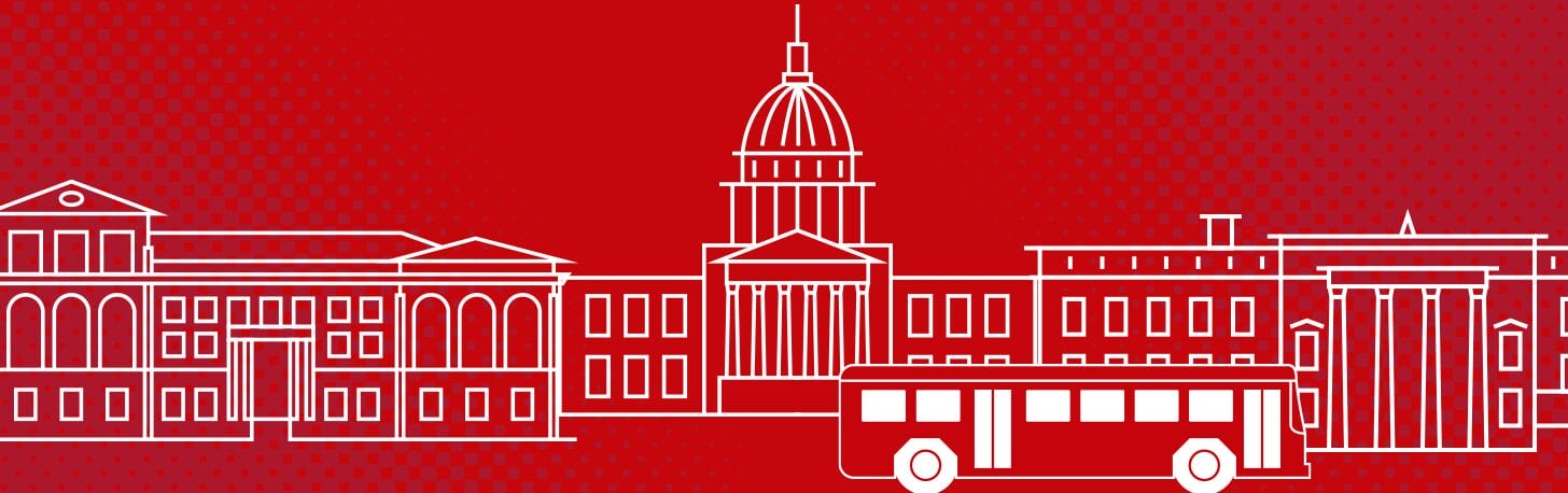 Graphic of a bus parked in front of a university building