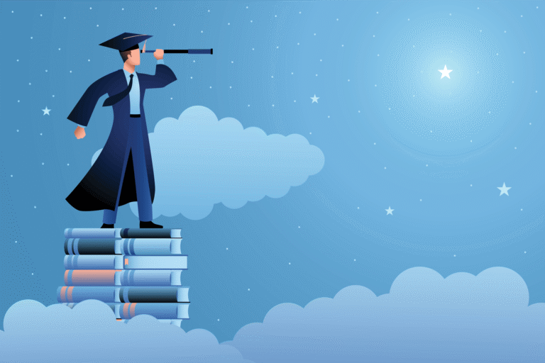 Graphic of a man dressed in a graduation gown looking at the stars with a telescope