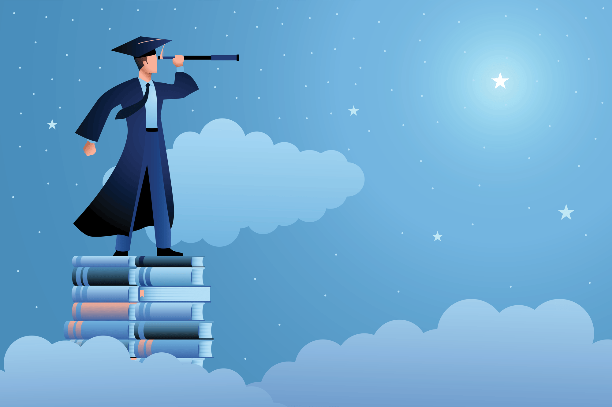 Graphic of a man dressed in a graduation gown looking at the stars with a telescope