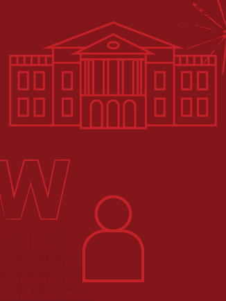 Red line drawing of a building, a large letter W, and a person icon on a red background.