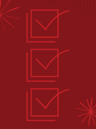 Three red checkmarks in squares on a red background with starbursts.