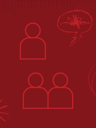 Red outline icons of people and a speech bubble with scribbles.