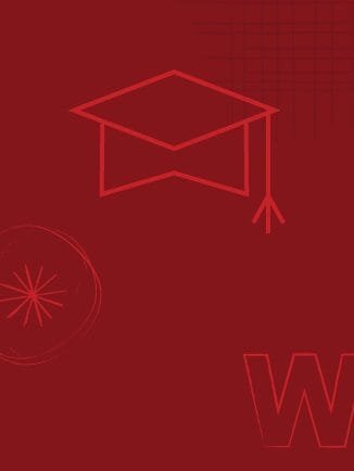 Red background with a graduation cap icon and a large "W".