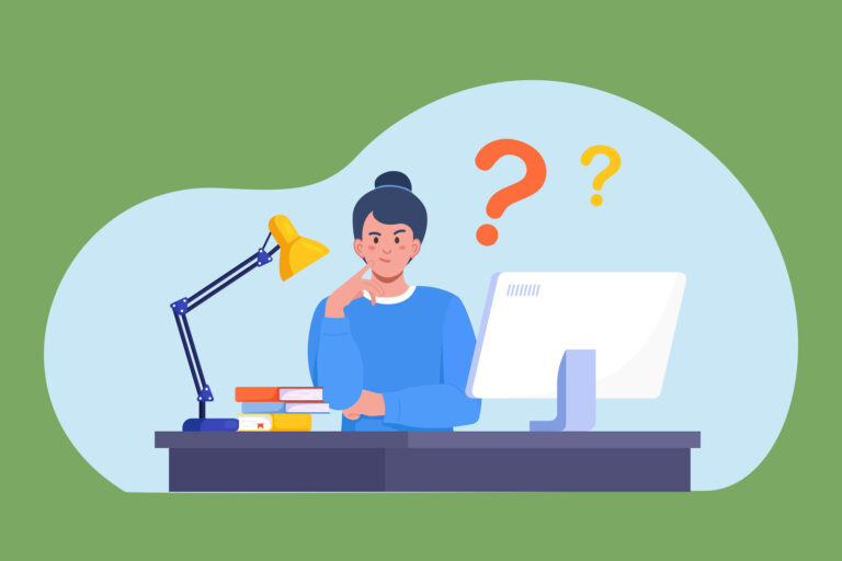 Graphic of woman making a decision while using a computer