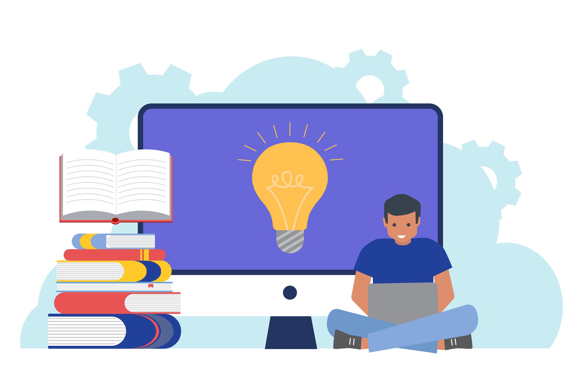 Graphic of a man working on a laptop surrounded by a stack of books and a lit lightbulb