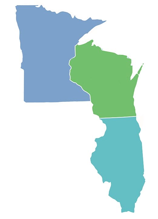 Minnesota, Wisconsin, and Illinois outlines in blue, green, and teal.
