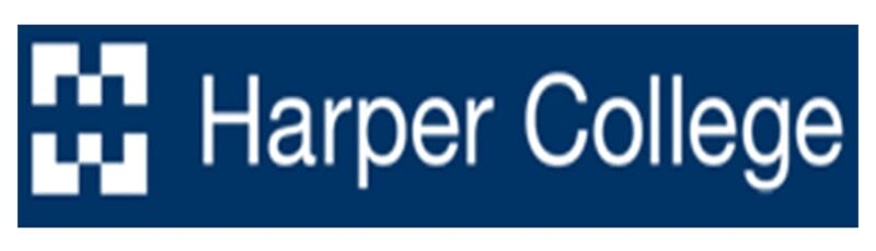 Harper College logo with white text on a dark blue background.