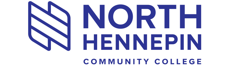 North Hennepin Community College logo with blue text and abstract symbol.