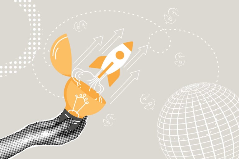 Illustration of a person’s hand holding a lightbulb that breaks open to reveal a rocket ship shooting out to the sky.