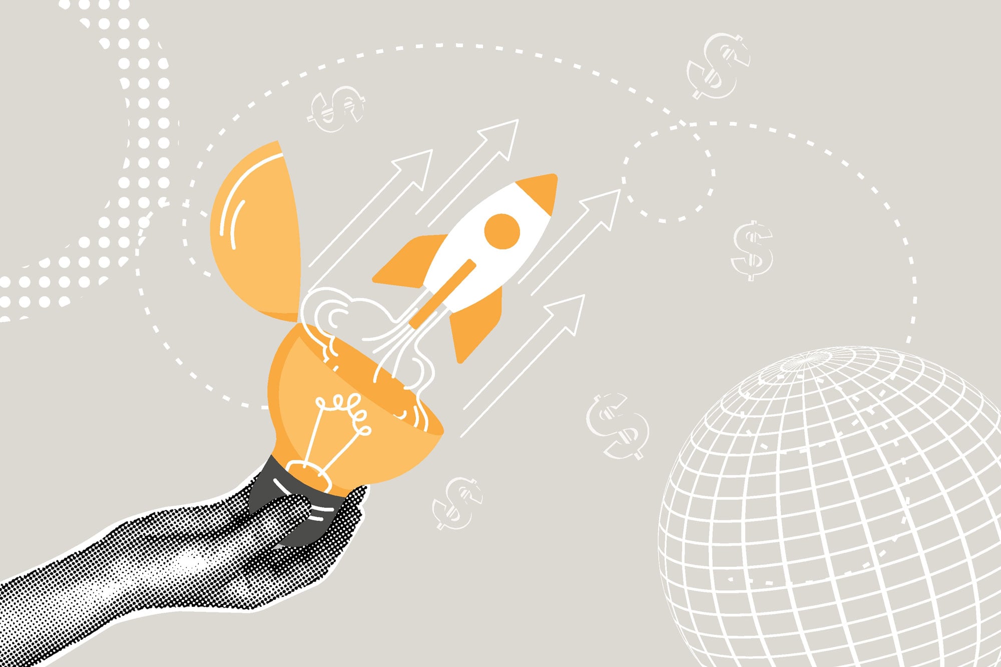Illustration of a person’s hand holding a lightbulb that breaks open to reveal a rocket ship shooting out to the sky.