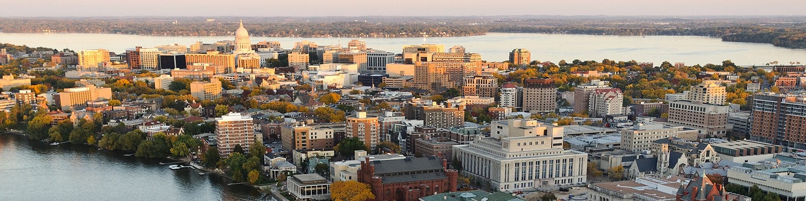 aerial view of the UW–Madison campus and Lake Monona