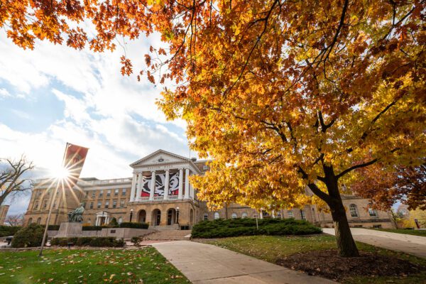 Fall look at Bascom Hill with sunlight shining through