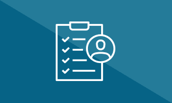 White outlined icon on blue background with a checklist for HR.