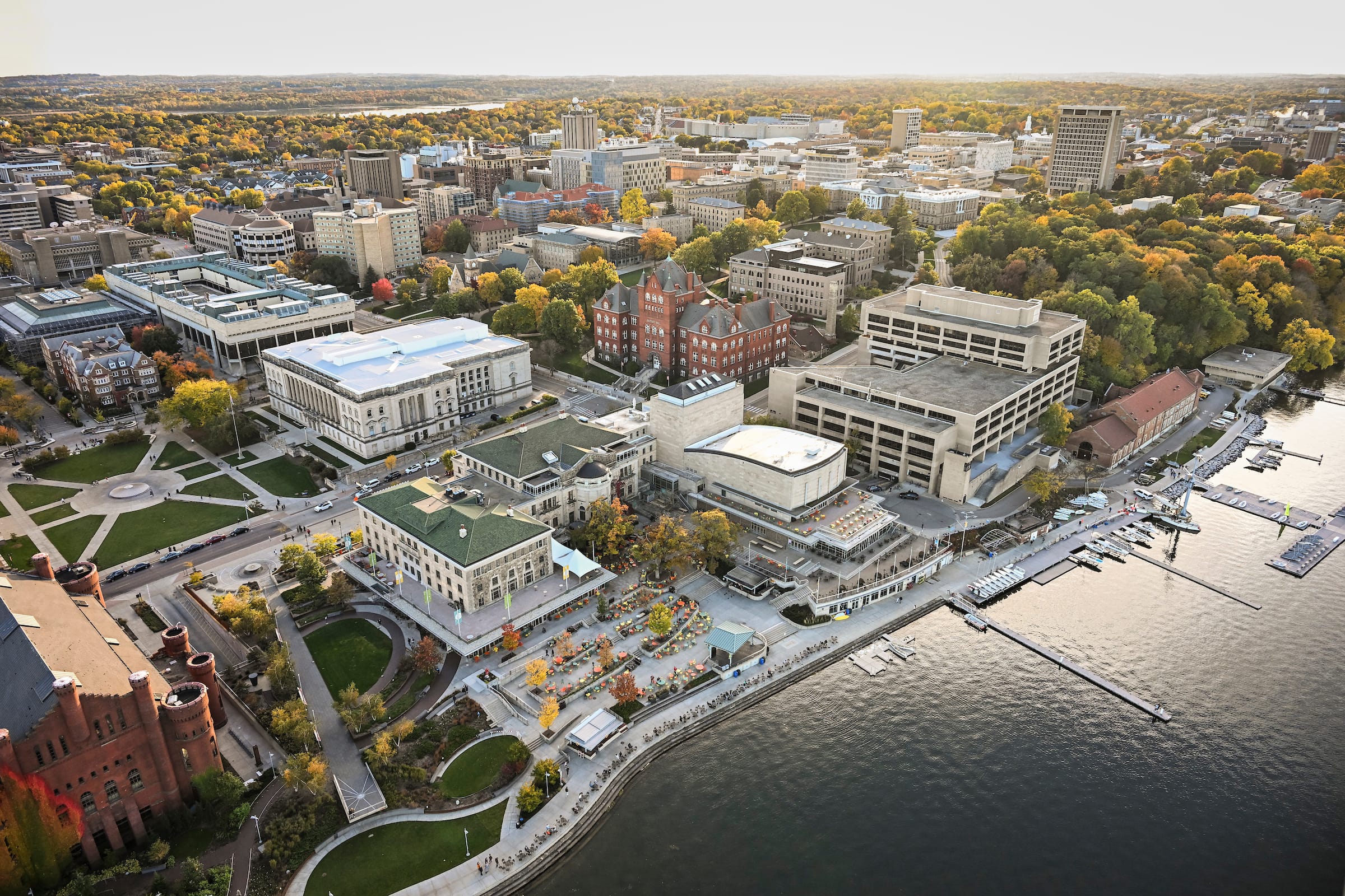 Aerial shot of Lake Mendota and Memorial Union.