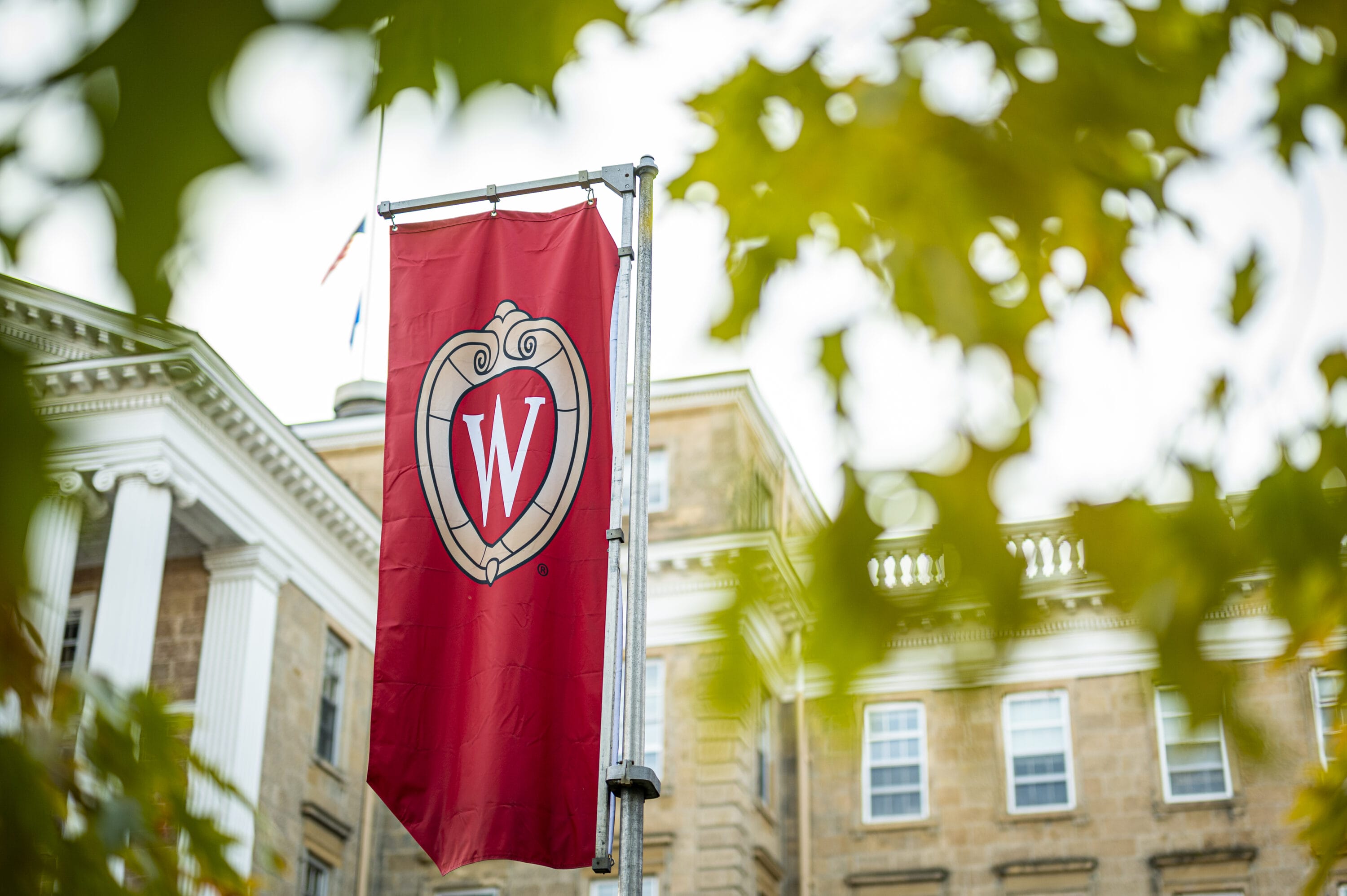 UW-Madison crest banner outside Bascom Hill.