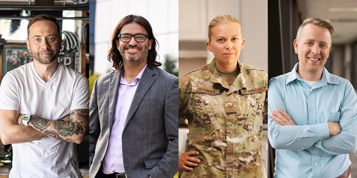Collage of UW-Madison Online alumni: Joey Nicgorski, Manny Avila, Kristen Jorgensen, and John Gloeckler