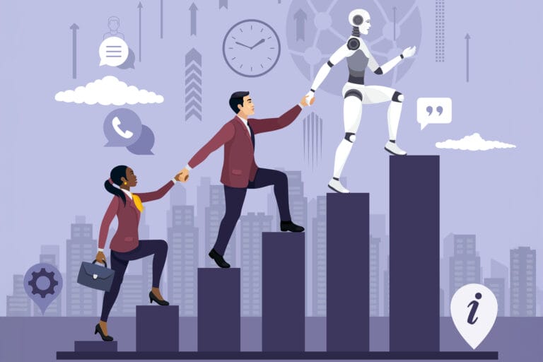 Graphic of a robot leading two humans up columns